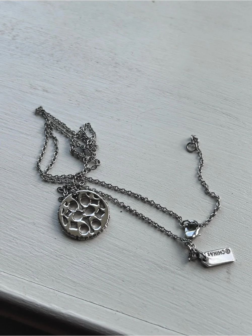 Coach Signature C Disc Pendant Necklace Pave Crystals